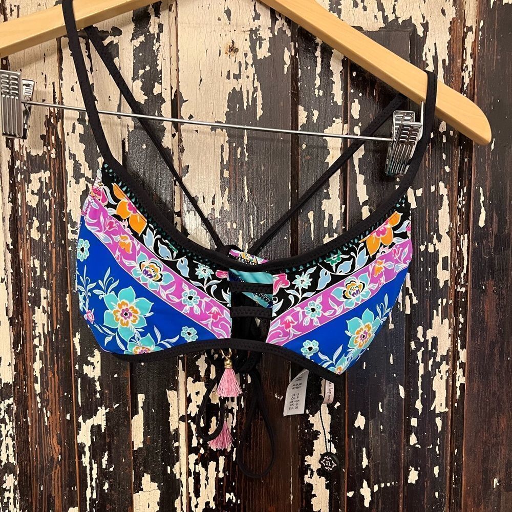 NWT Nanette Lepore Boho vibrant tassel bikini top. Size small